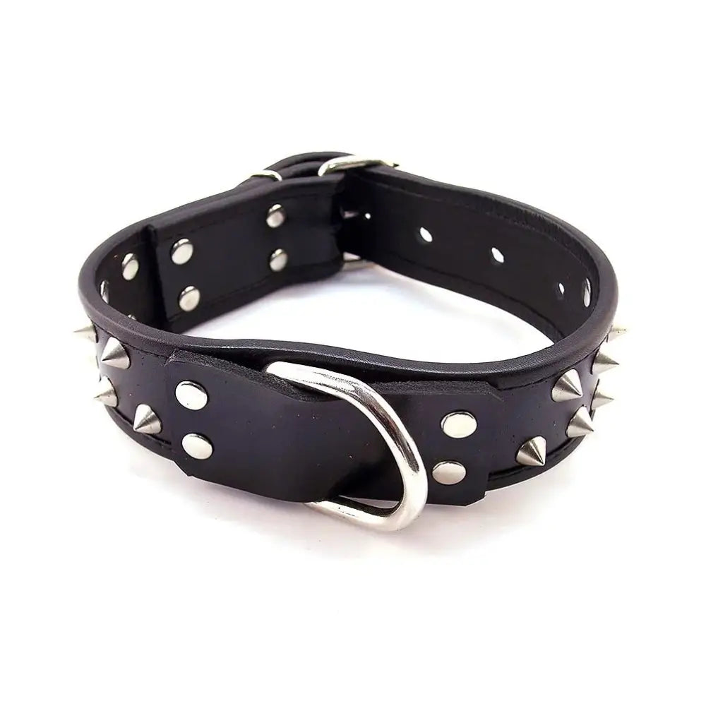 Rouge Garments Adjustable Black Leather Studded Collar with D-ring - Peaches and Screams
