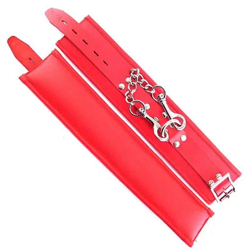 Rouge Garments Adjustable Padded Red Bondage Leather Wrist Cuffs - Peaches and Screams