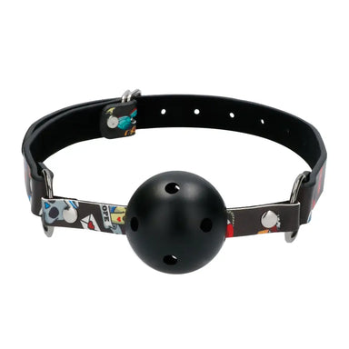 Shots Black Breathable Ball Gag With Printed Leather Straps - Peaches and Screams