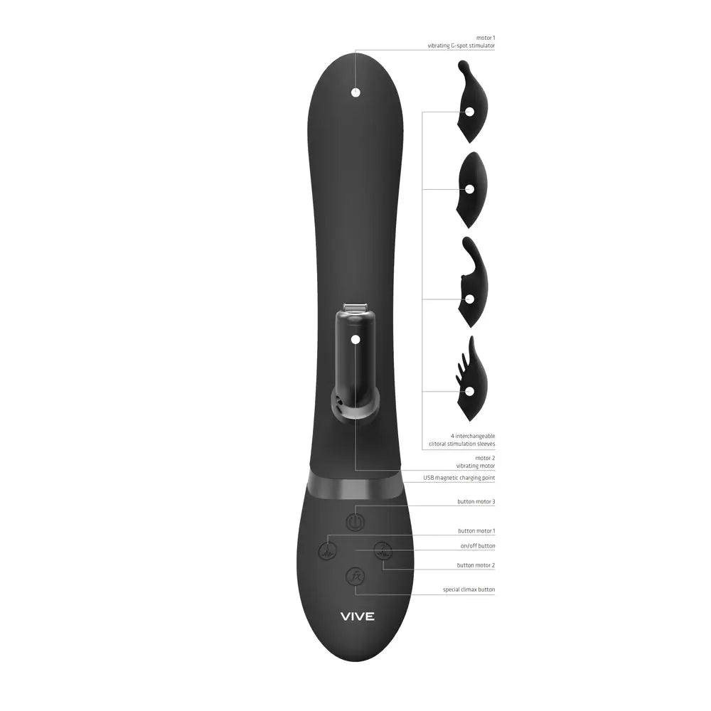 Shots Silicone Black Rechargeable Rabbit Vibrator With 3 Interchangeable Heads - Peaches and Screams