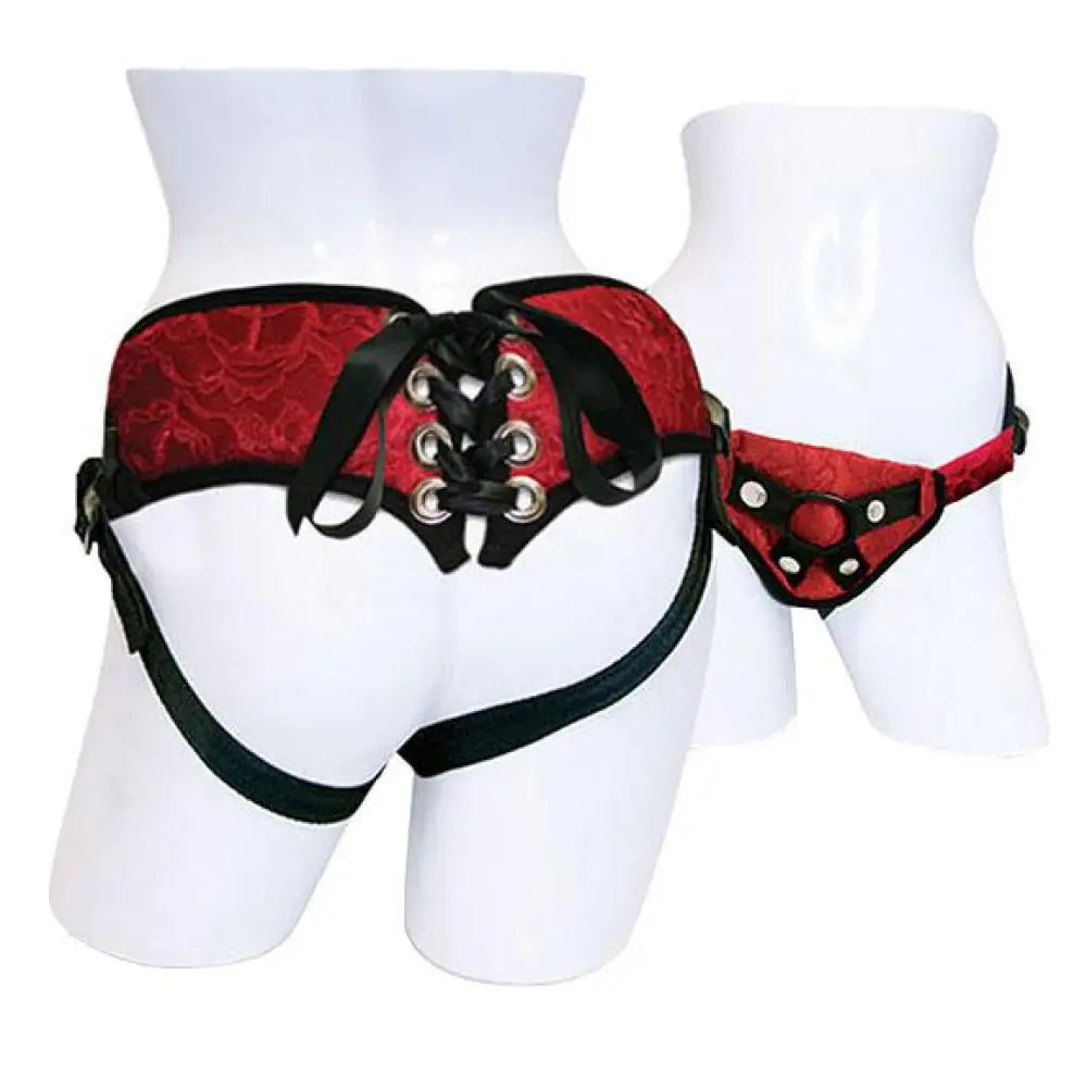 Sportsheets Sexy Red Lace Strap-on Harness with Metal O-rings - Peaches and Screams