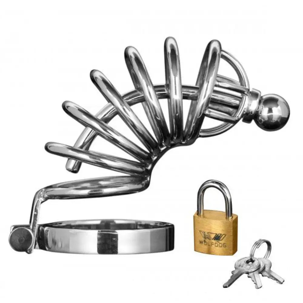 Stainless Steel 6 Ring Locking Chastity Cage with Cumthru Plug - Peaches and Screams
