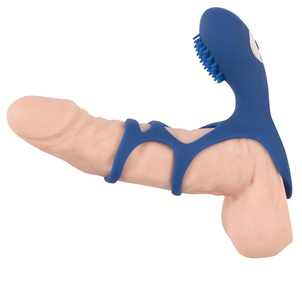 Stretchy Silicone Blue Rechargeable Penis Sleeve With Clit Stim - Peaches and Screams
