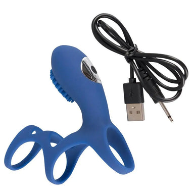 Stretchy Silicone Blue Rechargeable Penis Sleeve With Clit Stim - Peaches and Screams