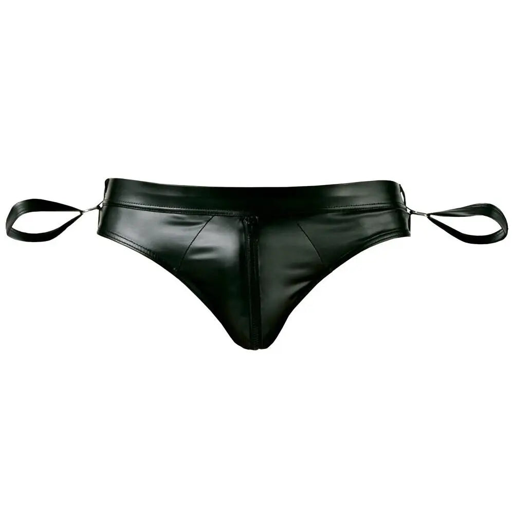 Svenjoyment black open back jock brief with handcuffs - large - peaches and screams