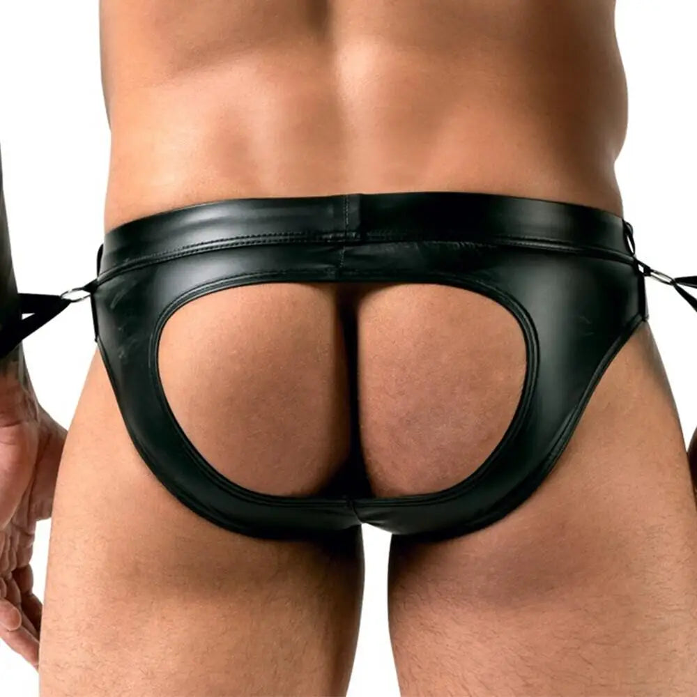 Svenjoyment black open back jock brief with handcuffs - medium - peaches and screams