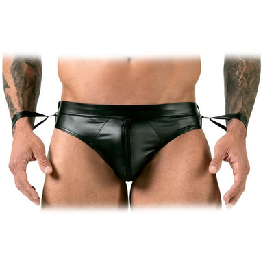 Svenjoyment Black Open Back Jock Brief With Handcuffs - Small Peaches and Screams