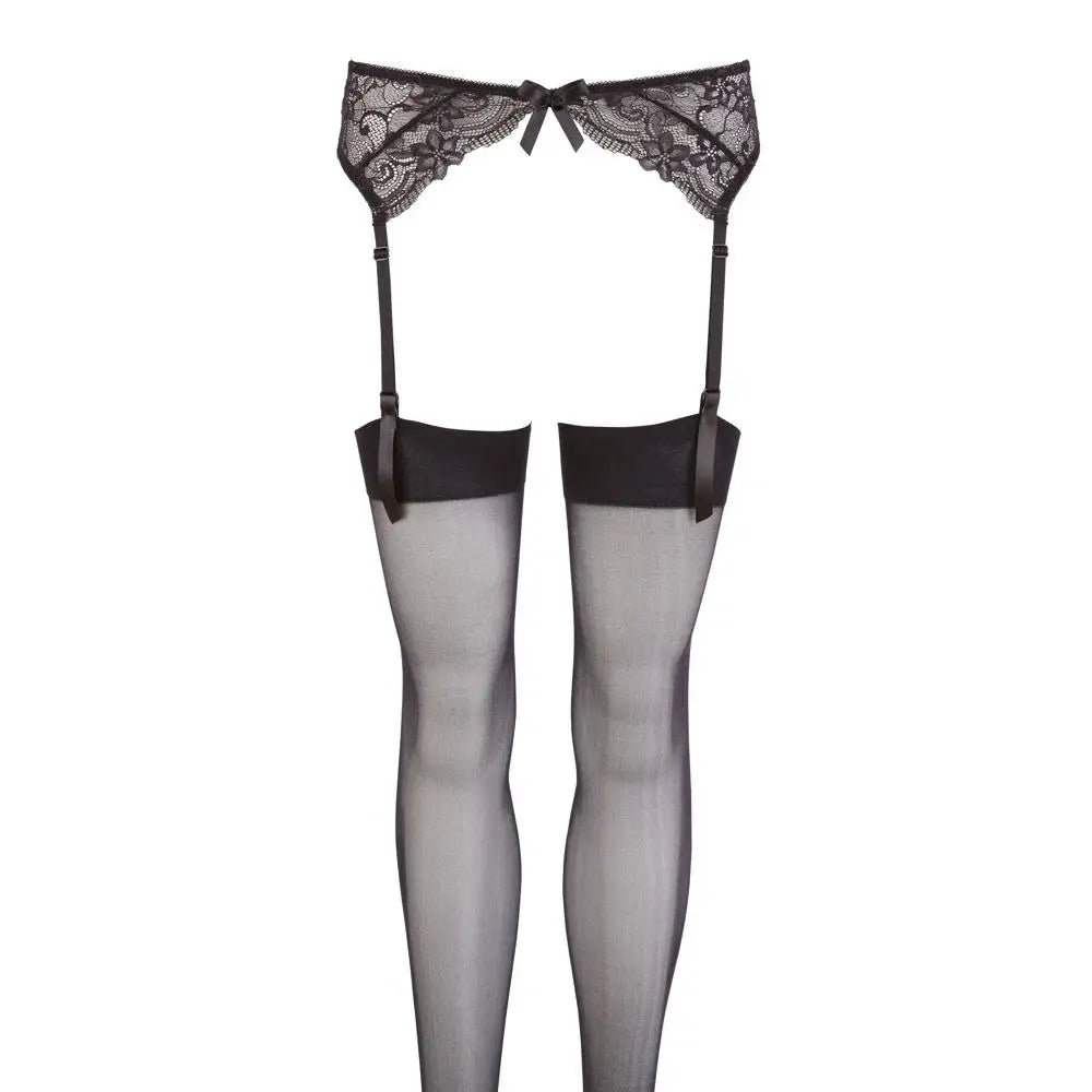 Wet Look Black Lace Suspender Stockings With Adjustable Straps - Peaches and Screams