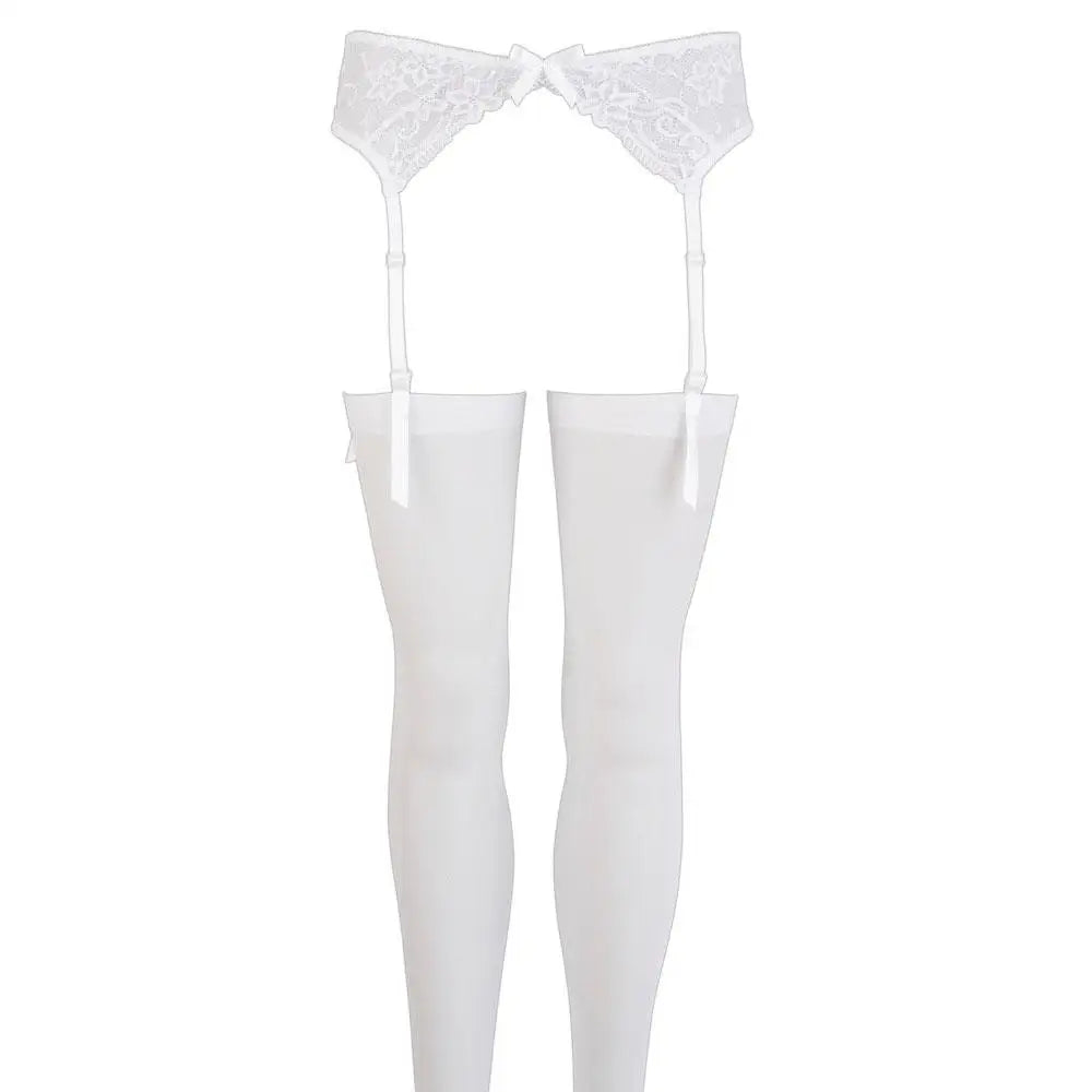 Wet Look White Lace Suspender Stockings With Adjustable Straps - Peaches and Screams