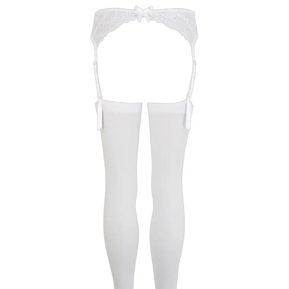 Wet Look White Lace Suspender Stockings With Adjustable Straps - Peaches and Screams