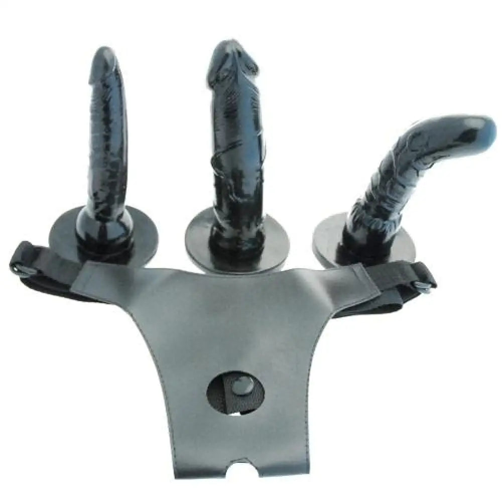 You2toys Black Strap-on Set with 3 Black Dildos and Leather Harness - Peaches and Screams